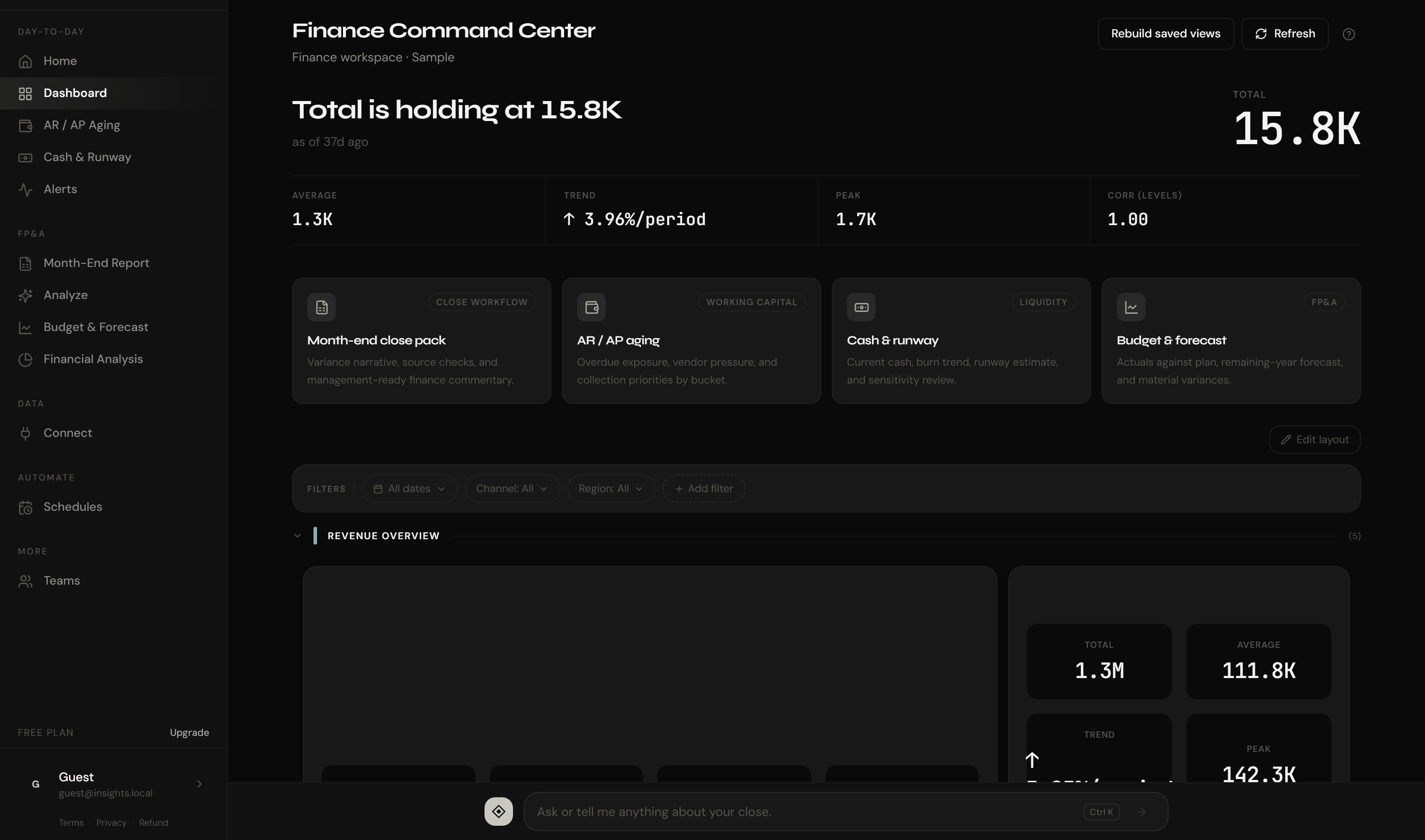 The Insights dashboard showing pinned finance widgets.