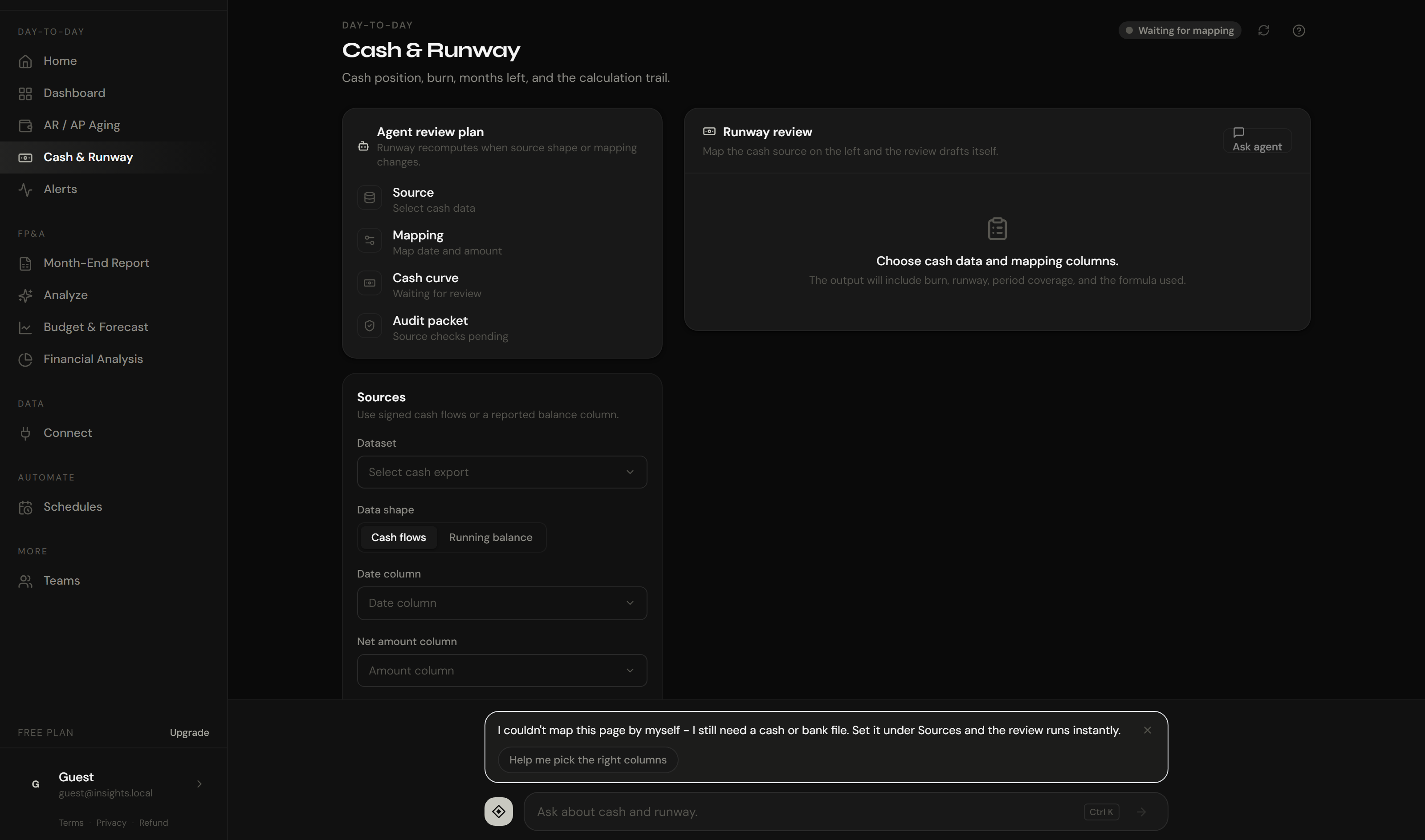 Cash and runway in Insights.